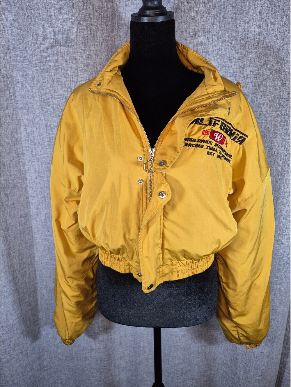 PrettyLittleThing California Racing Cropped Bomber Jacket Sm Mustard Yellow Y2K